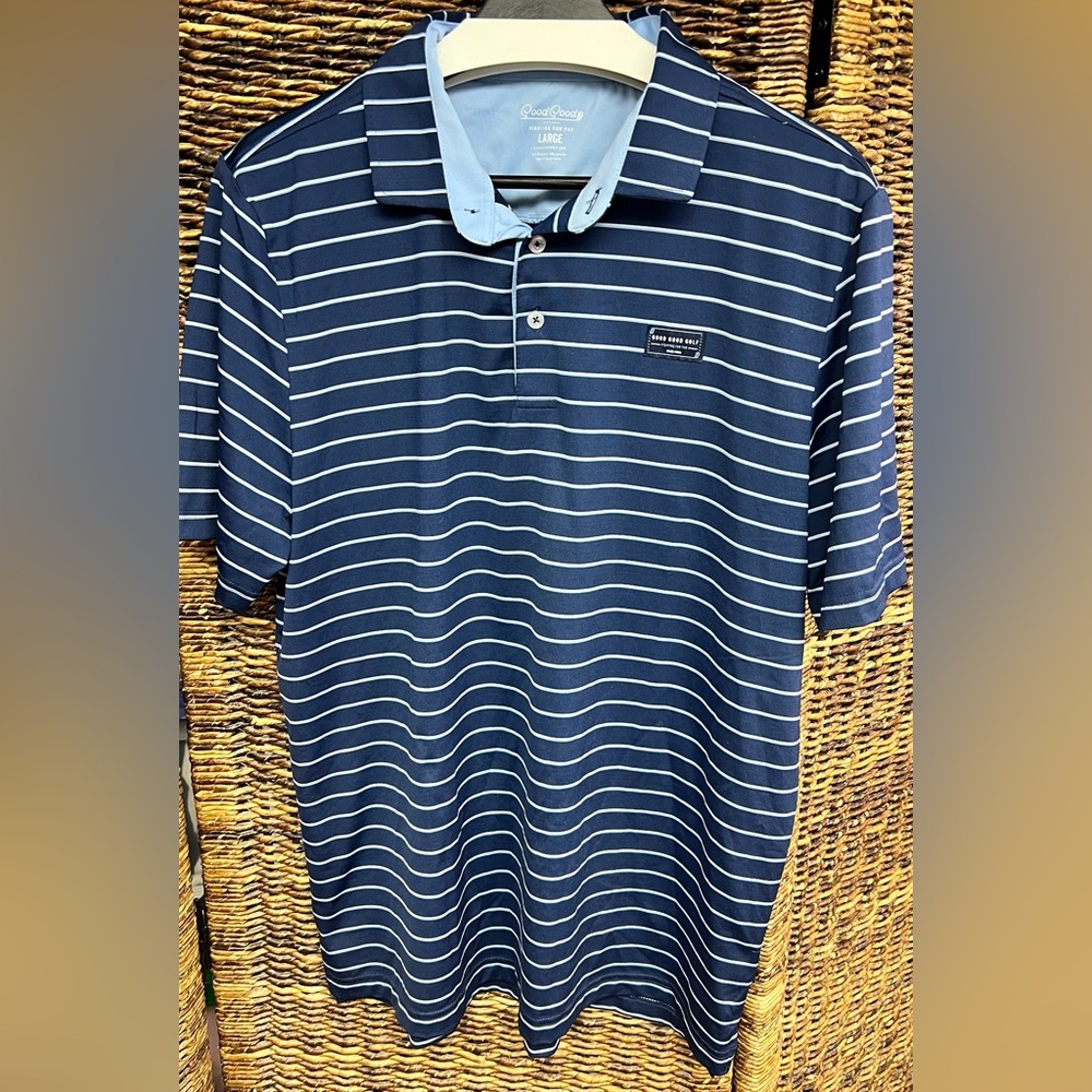 Good Good-Mens polo shirt, Large, Blue‎ striped, inner collar discoloration